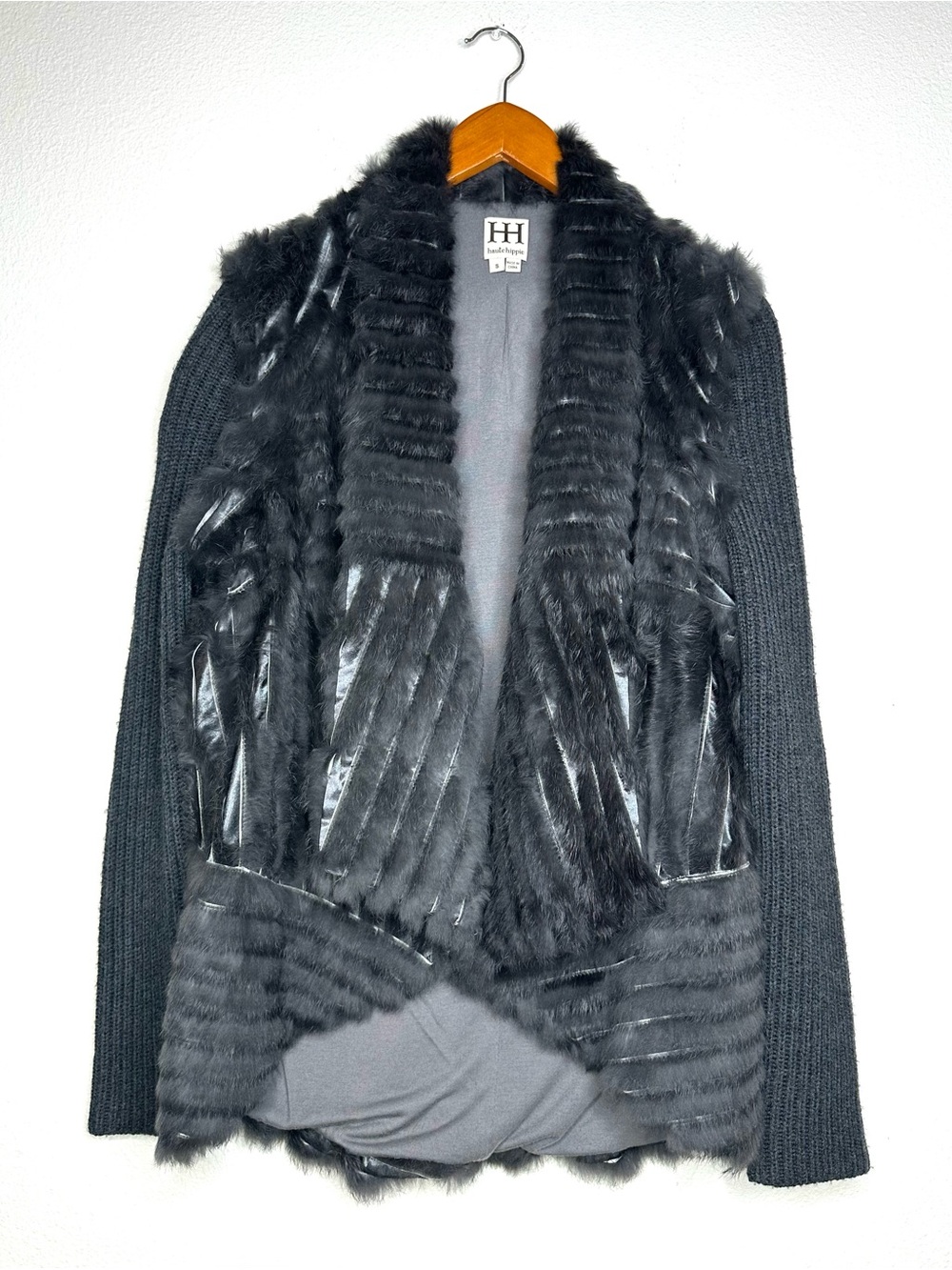 Haute Hippie Genuine Rabbit Fur Wool Cardigan Women S Gray Open Front Boho